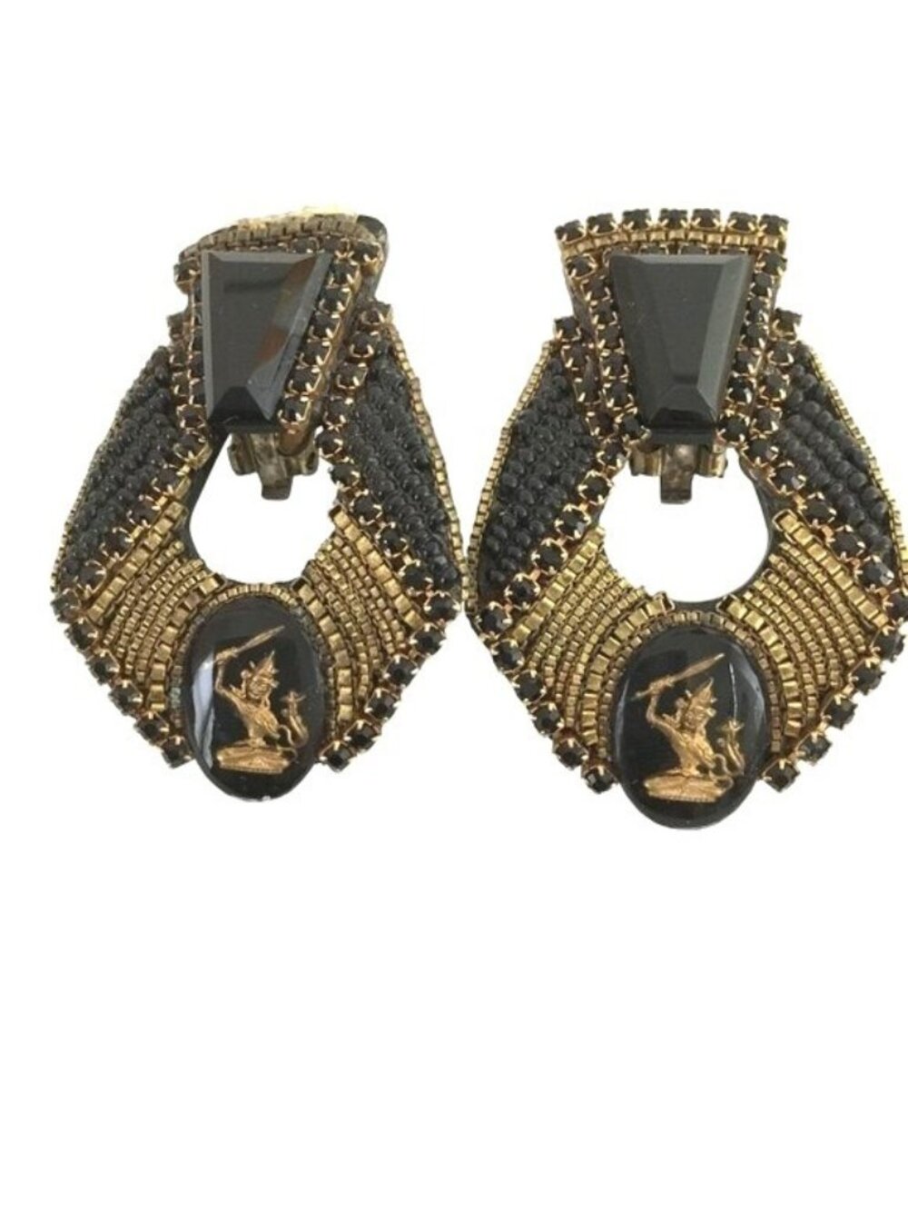 Vintage M J HANSEN Signed Black Gold Cabochon Greek Warrior Clip Earrings 1987